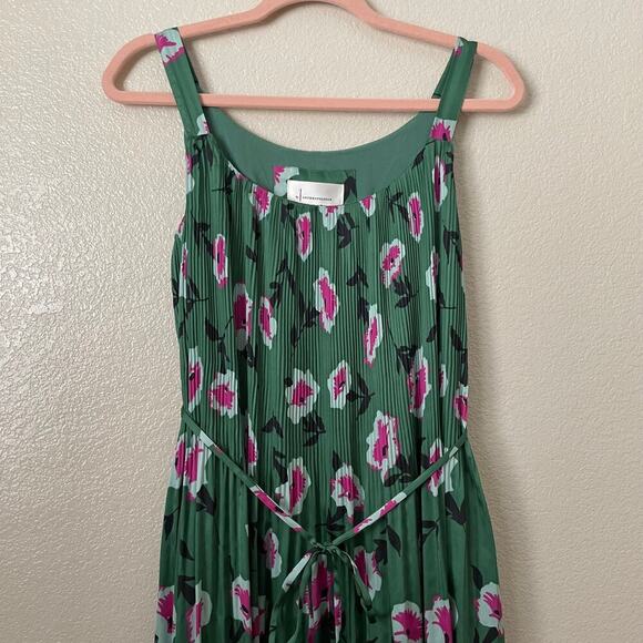 Anthropologie Dress Womens XS Green Pink Mini Satin Floral Pleated Tank Boho‎ - Picture 4 of 13